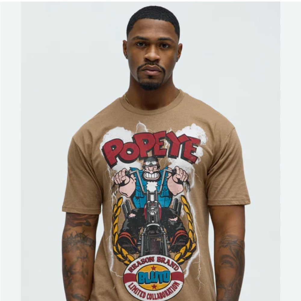 POPEYE MENS XL BLUTO CHOPPER GRAPHIC SHORT SLEEVE CREW NECK TEE REASON NWT KHAKI